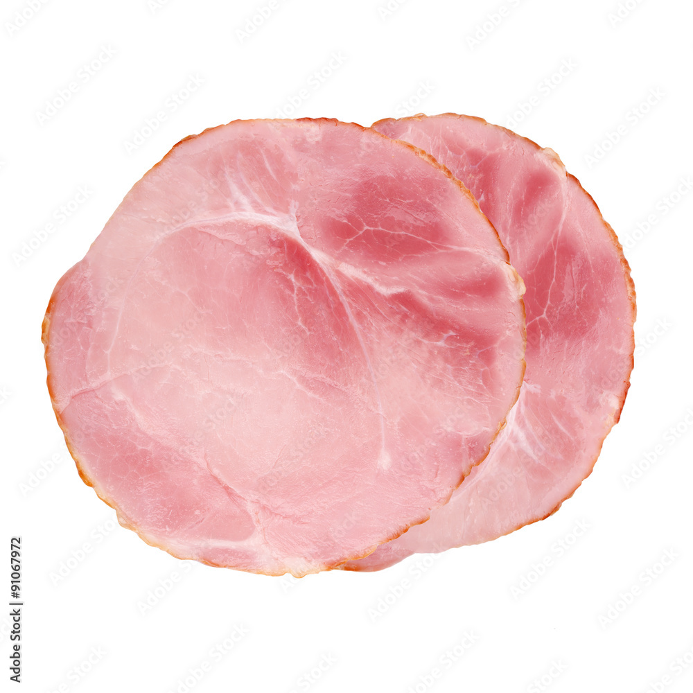 Sliced smoked ham isolated on white background Sliced smoked ham isolated on white background