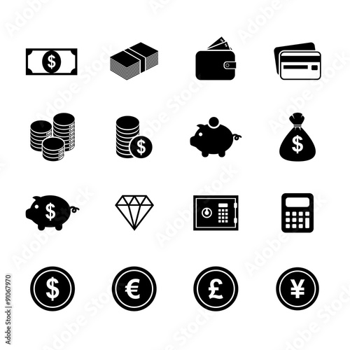 Money icons. Finance icon. Currency icon. Silhouette. Buttons. V