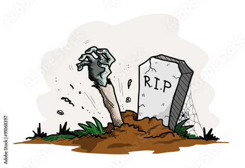 Grave Zombie, a hand drawn vector illustration of a grave with the arm of a zombie sticking out from the ground, isolated on a simple background (editable).