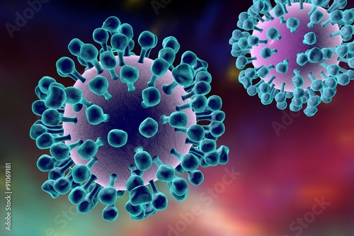 Background with viruses. Influenza viruses on colorful background. A virus which causes flu © Dr_Microbe