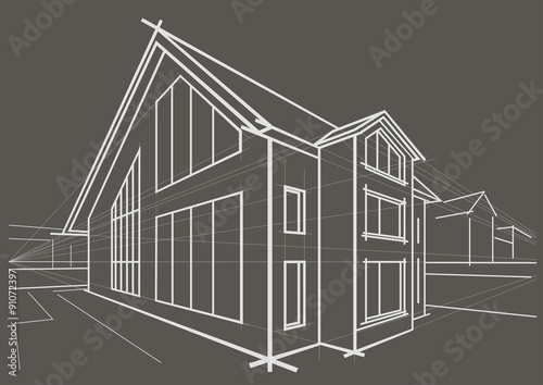 Linear architectural sketch detached house on gray background