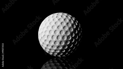 Golf ball, isolated on black background with reflection.