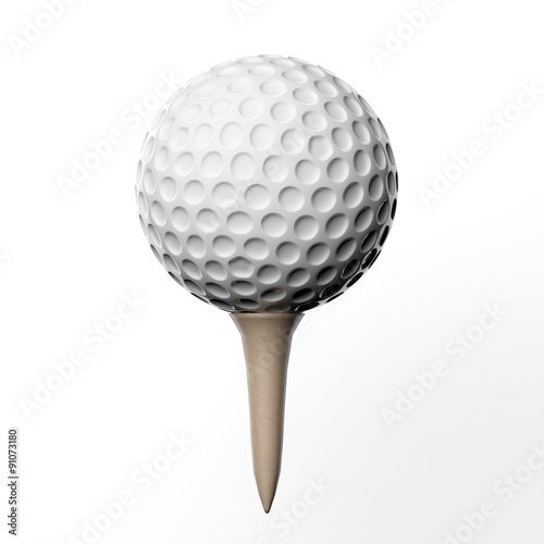 Golf ball on a tee, isolated on white background