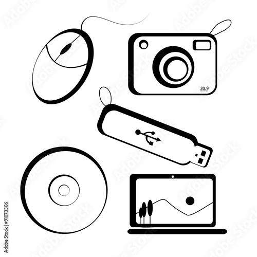 Set of icon set pattern include mouse, camera, thumb drive, compact disk, and laptop