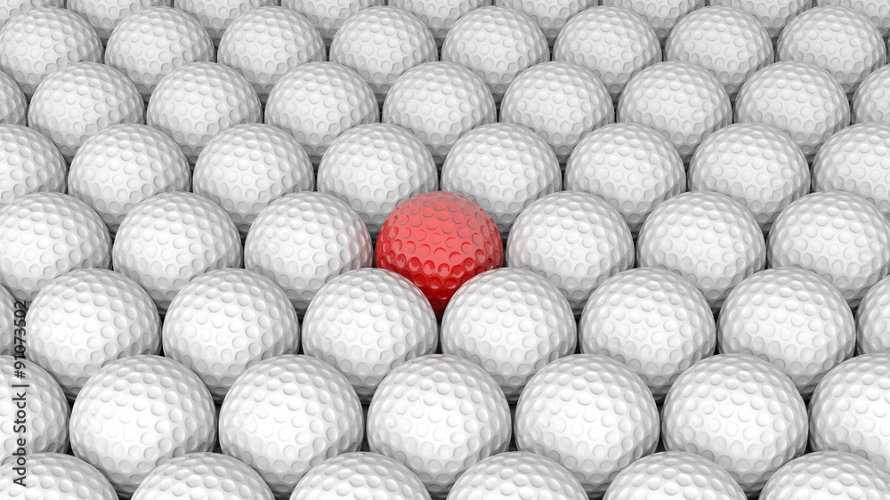 Golf balls abstract background with one red in the middle Golf balls abstract background with one red in the middle