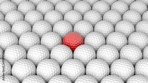 Golf balls abstract background with one red in the middle