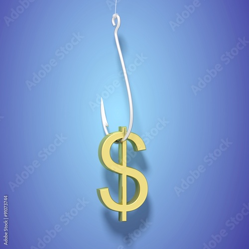 Fishing hook with Dollar sign, on blue background. © viperagp