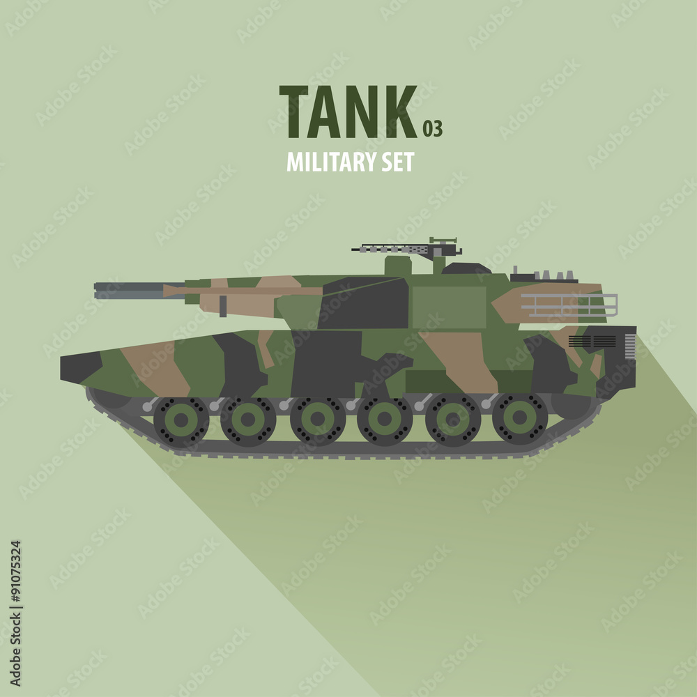 Battle Tank in Side View, military vector illustration, flat design