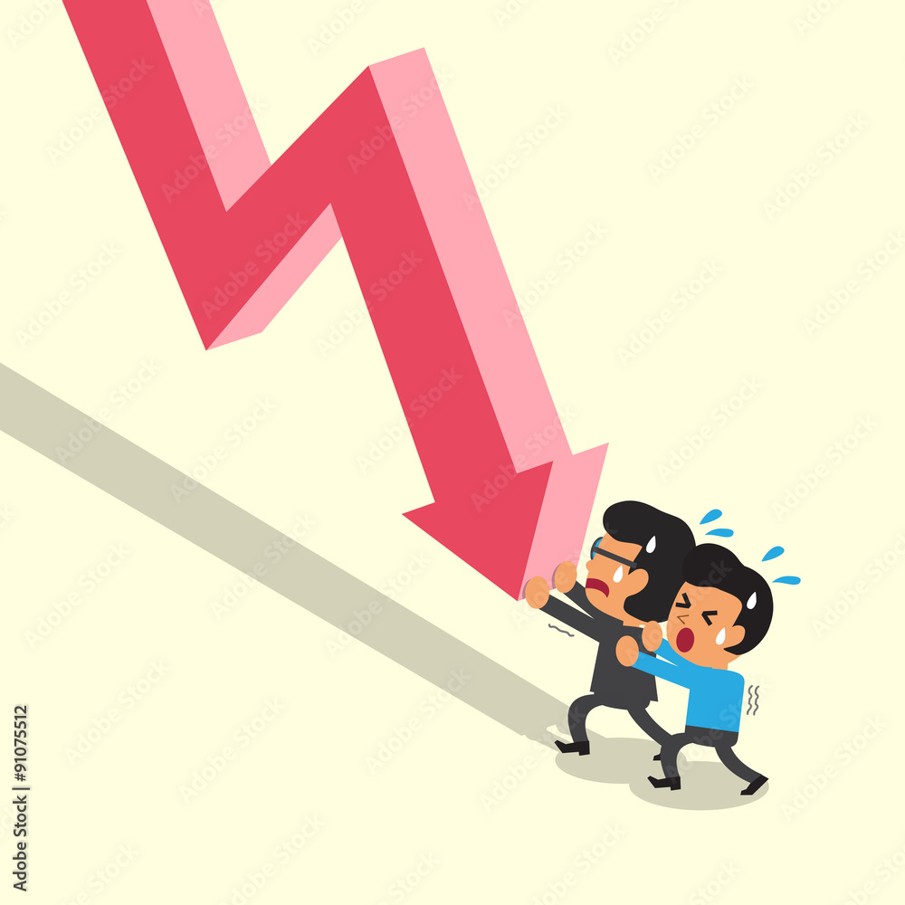 Cartoon business team push stock market arrow for design. Cartoon business team push stock market arrow for design.
