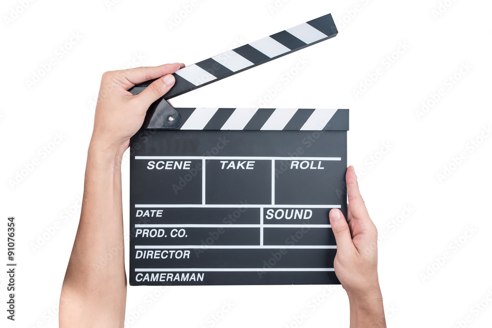Man holding movie production clapper board isolated on white background