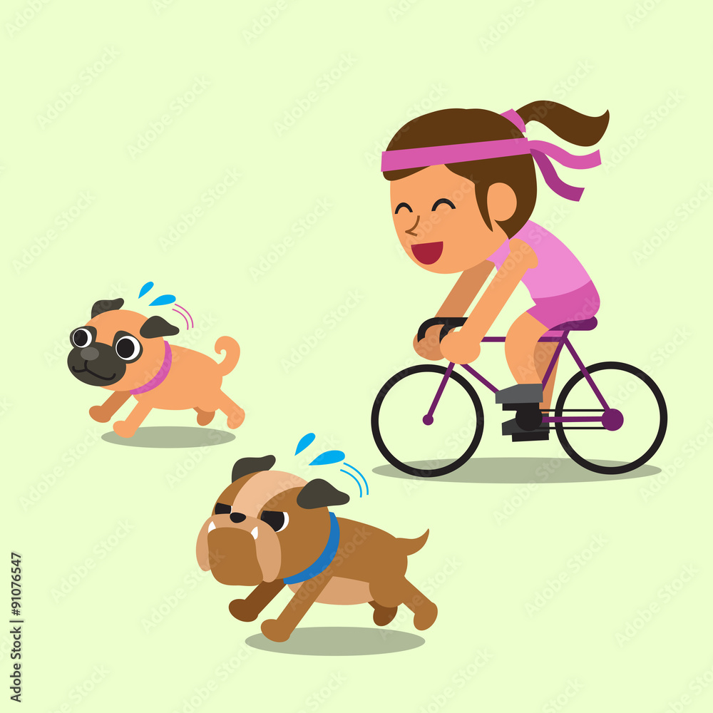 Naklejka premium Cartoon woman ride bike with running dogs