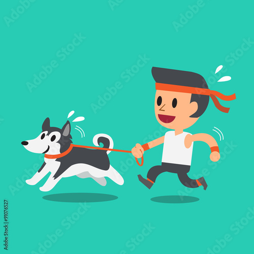 Cartoon man running with his siberian husky dog for design.