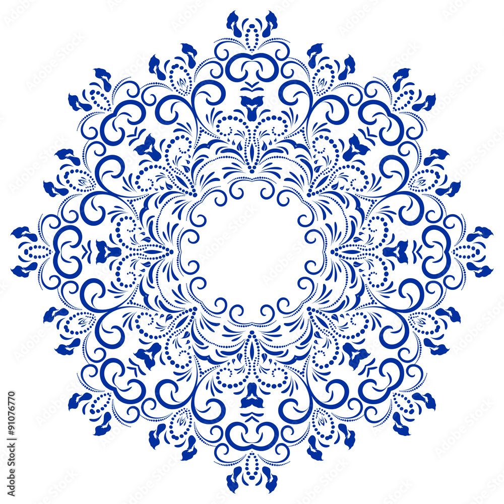 Circular floral ornament blue. Mandala, vintage vector banner
