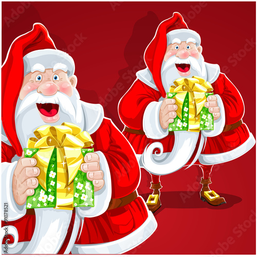 Cute Santa Claus give a gift. On red background
