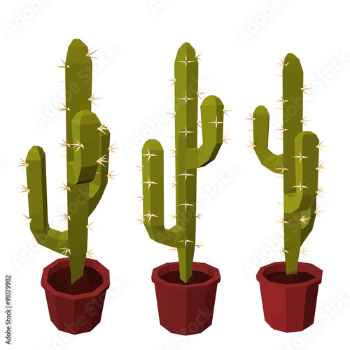 Set of cactus in a pot isolated on white background. Low poly. V
