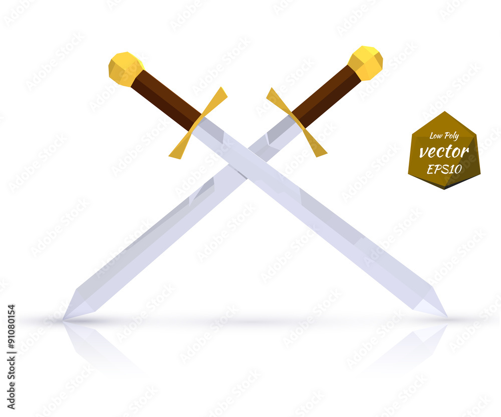 Two swords on a light background with reflection. Low poly style Two swords on a light background with reflection. Low poly style