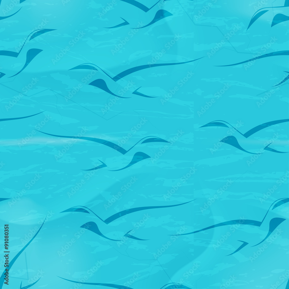 Seamless blue background with birds in the background of the sea