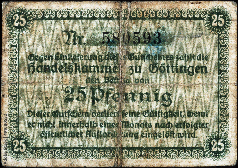 Historische Banknote, Notgeld, 26. April 1917, Fünfundzwanzig Pfennig, Deutschland