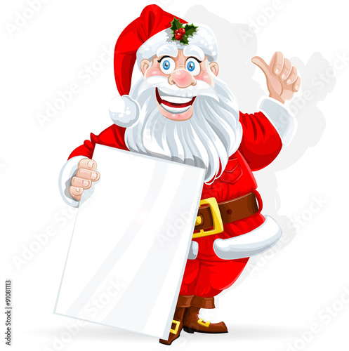 Cute Santa Claus holds banner for text