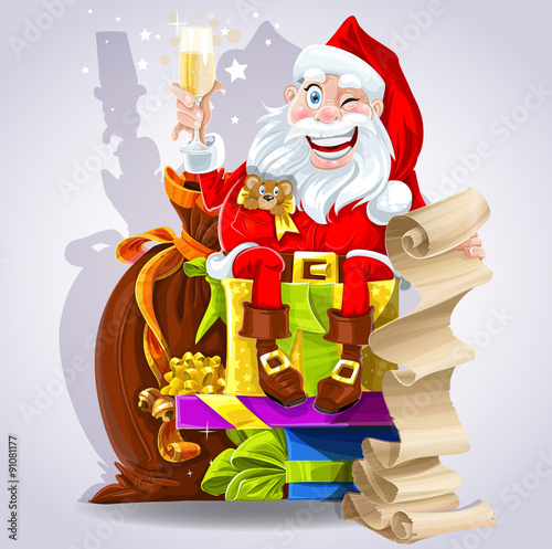 Cute Santa Claus with gifts and champagne