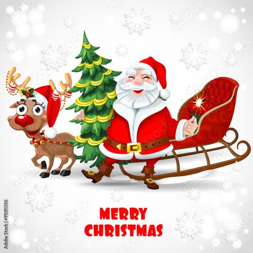 Happy New Year from Santa Claus with reindeer pulling sleds