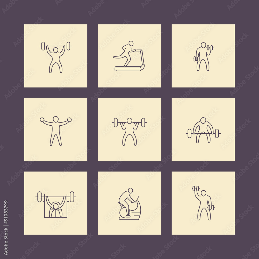 Gym, fitness exercises, training, workout line icons