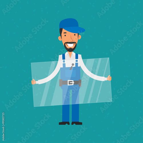 Repairman holding glass and smiling