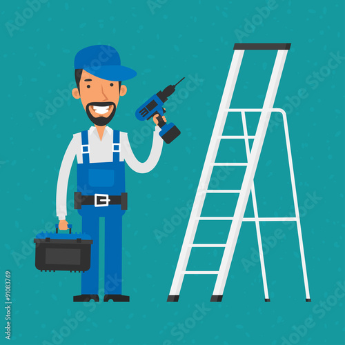 Repairman standing near stairs holding electric screwdriver