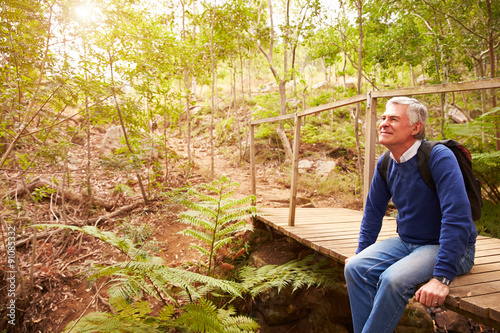 Senior man sitting on a bridge in a forest  looking away