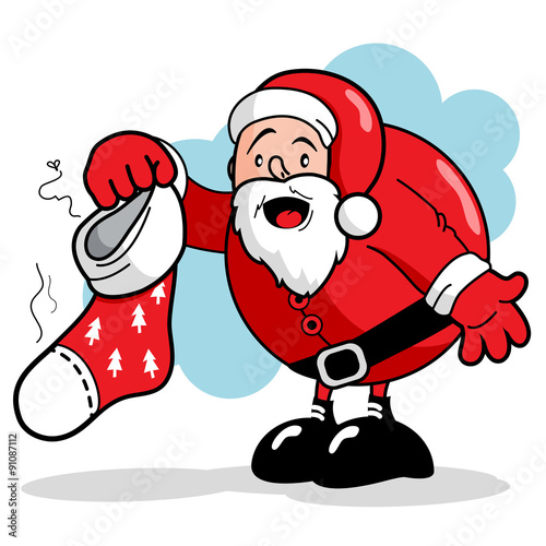Funny cartoon Santa Claus holding a Christmas stocking. Vector illustration