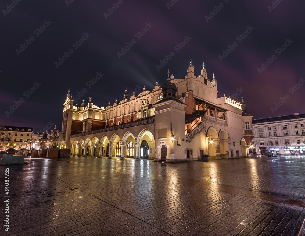 Cloth-hall (Sukiennice) in Krakow beautifully illuminated in the night
