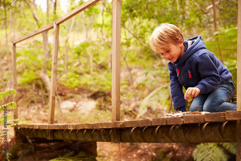 Toddler boy playing on a wooden bridge in a forest