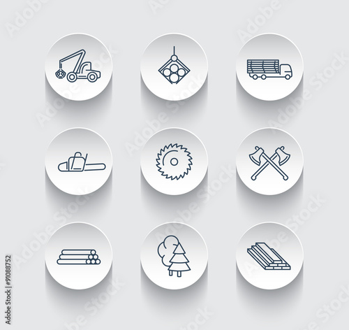 Forestry, Timber, Tree Harvester, line icons on round 3d shapes