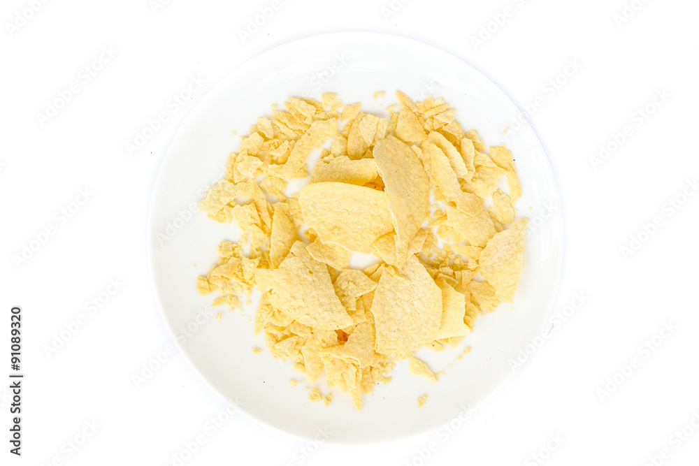 Dirty dish with fried potatoes isolated on white background Dirty dish with fried potatoes isolated on white background