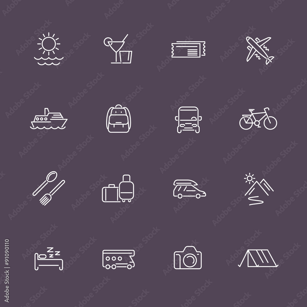 Travel, tourism, trip, vacation linear white icons, vector illustration Travel, tourism, trip, vacation linear white icons, vector illustration