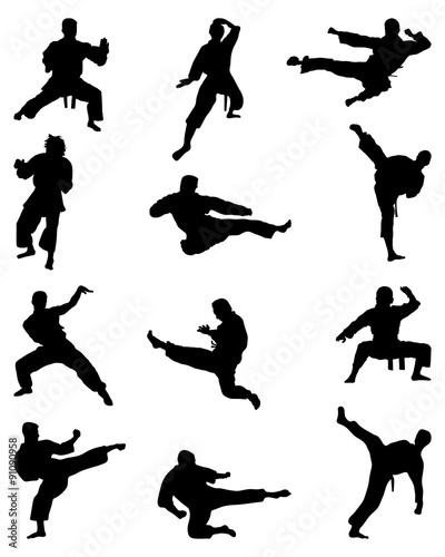 Black silhouettes of karate fighting, vector