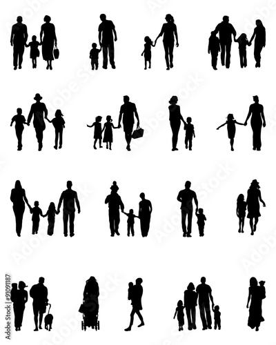 Black silhouettes of families in walk, vector