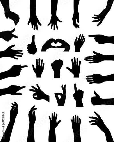 Big set of black silhouettes of hands, vector
