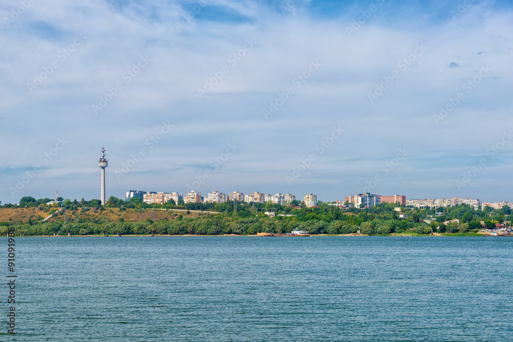 Cityscape of Galati and television tower on Danube river