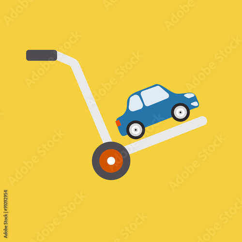 Car is on a cart, symbolizing the sale, rental or transportation