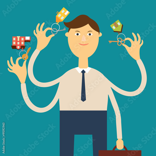 Multi-armed agent real estate holding keys with key fobs in the 