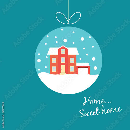 Cute winter house, covered with snow, hanging on a thread, like 