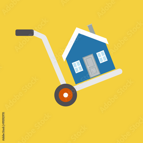House is on a cart, symbolizing the sale, rental, moving or trai