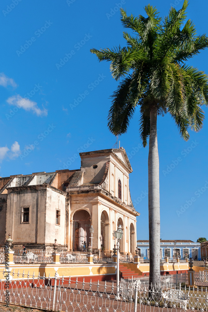 A view of Plaza Mayor with Santisima church in Trinidad, Cuba. UNESCO World Heritage Site.