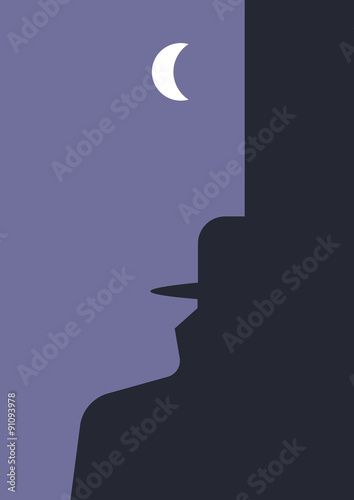 Detective story.
Human head and man in a hat and raincoat silhouettes created using negative and positive space. Suitable for book covers, posters, flyers etc.