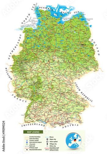 Large detailed physical map of Germany