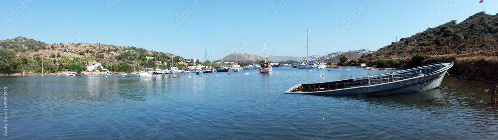 Panoramic shot of a coast with sunk boat at front