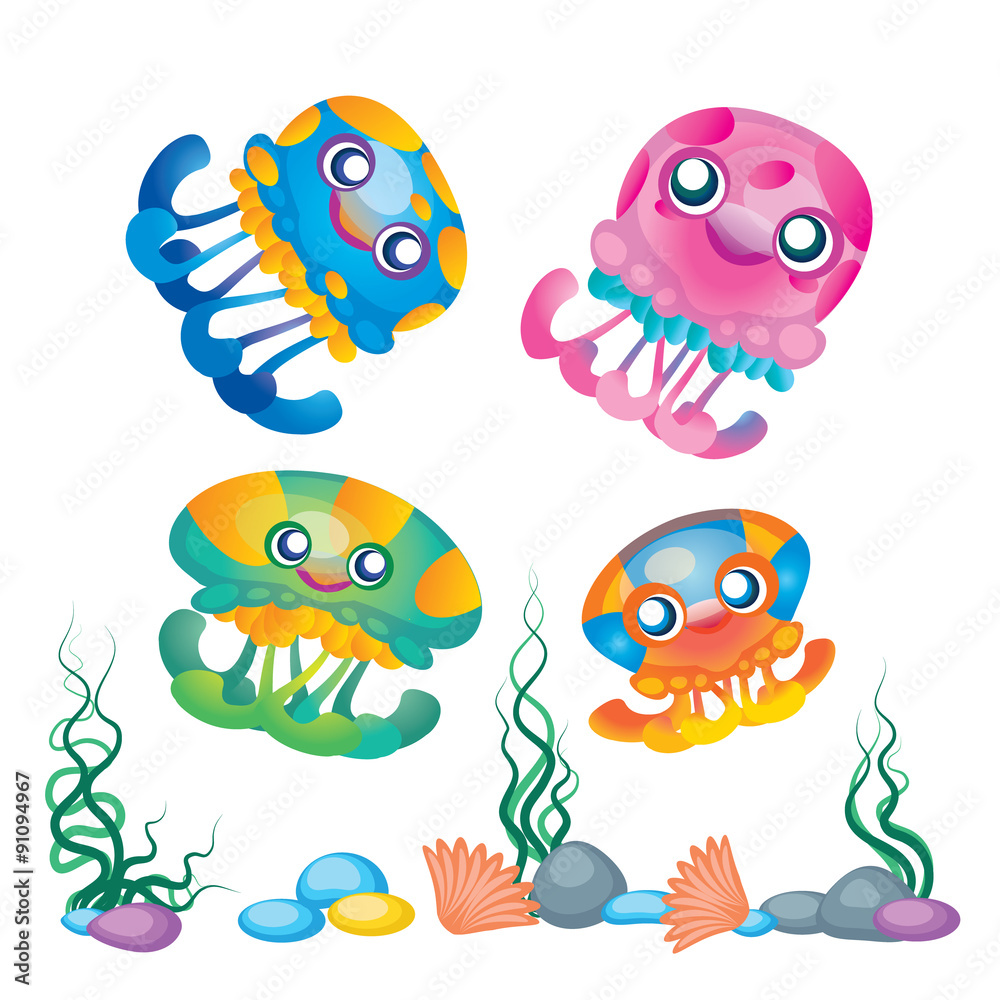 Cartoon octopus family character vector set. Colorful sea animal and plant.  Childlike style drawing. Funny sea mascot collection. Isolated on white.  Eps 10. Stock Vector | Adobe Stock