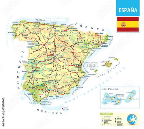 Detailed physical map of Spain