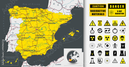 Map of Spain and Nuclear Power technology icons
